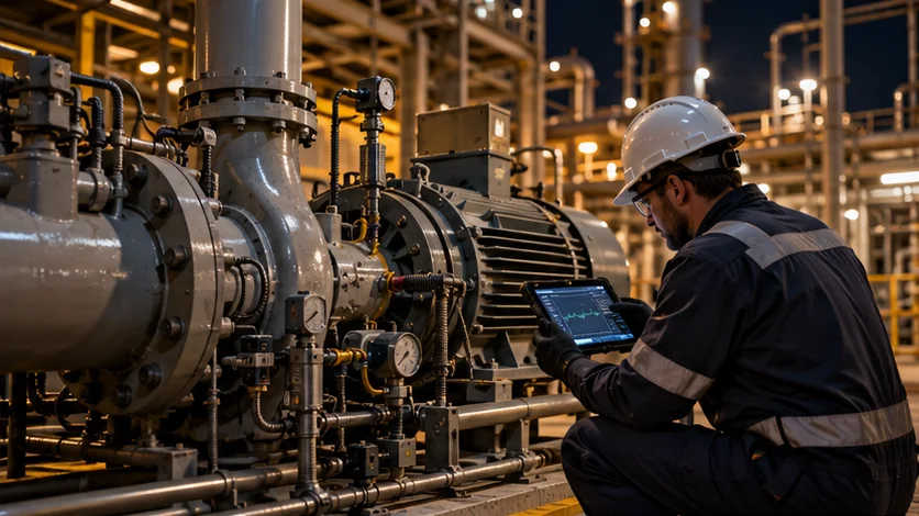 Técnico inspecciona una bomba industrial con equipo móvil