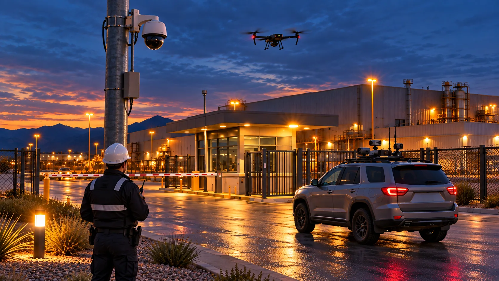 Cámara fija, dron aéreo y patrulla en el acceso a un parque industrial