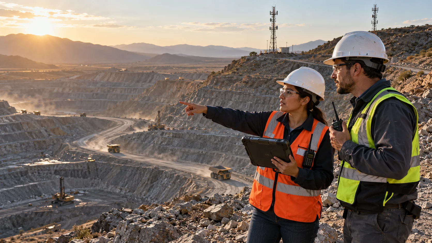 Personal de campo con tableta robusta y radio en una mina
